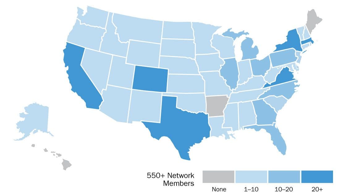 Map of the United States showing the color-coded geographic makeup of 550+ network members by state, ranging from no network members in the state; one to 10 network members in the state; 11 to 20 network members in the state; and more than 21 network members in the state.