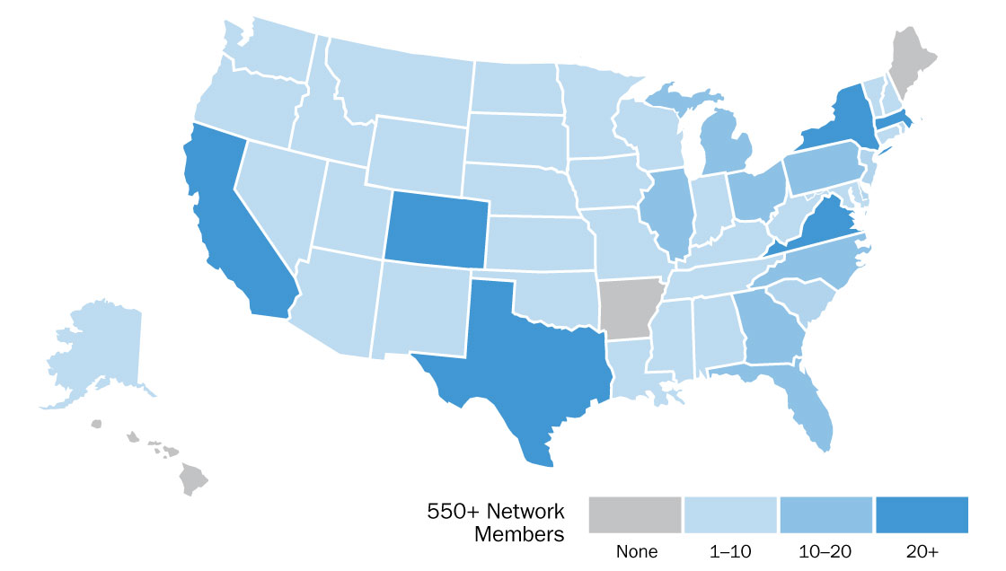 Map of the United States showing the color-coded geographic makeup of 550+ network members by state, ranging from no network members in the state; one to 10 network members in the state; 11 to 20 network members in the state; and more than 21 network members in the state.